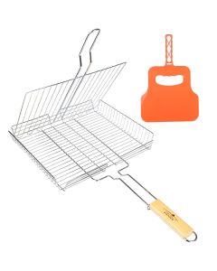 Hacer Steel Portable Barbecue BBQ Grill Net Basket Roast Grilling Tray Plated for Vegetables, Camping Outdoor Fish Grill & Meat Grilling Cooking Tool with Wooden Handle (67 x 37 x 5 CM, Large)