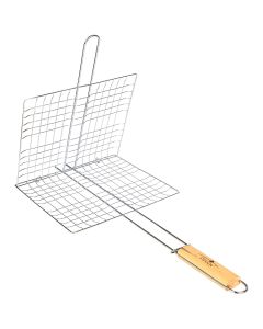 Hacer Steel Portable Barbecue Grill Net Basket Roast Grilling Tray Plated with Wooden Handle (Medium)