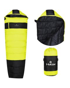 Hacer Khardunga La Camping Sleeping Bag with Secret Pocket Mummy Shape 210T Polyester +6 to +15 Degree Winter Hiking Trekking Travelling Bags for Adults Men & Women (7 Ft, 1.2 KG, Black & Yellow)