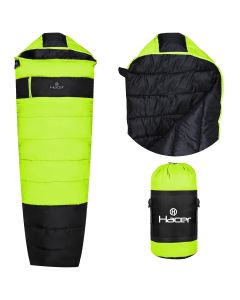 Hacer Khardunga La Camping Sleeping Bag with Secret Pocket Mummy Shape 210T Polyester +6 to +15 Degree Winter Hiking Trekking Travelling Bags for Adults Men & Women (7 Ft, 1.2 KG, Black & Light Green)