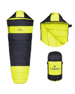 Hacer Khardunga La Camping Sleeping Bag with Secret Pocket Mummy Shape 210T Polyester +6 to +15 Degree Winter Hiking Trekking Travelling Bags for Adults Men & Women (7 Ft, 1.2 KG, Yellow & Black)