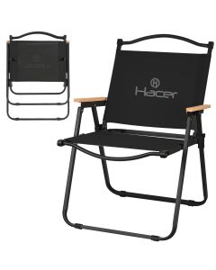 Hacer Carbon Steel Foldable Chair Outdoor Portable Armchair with Wooden Handle for Travel Camping Picnic Garden (Black)