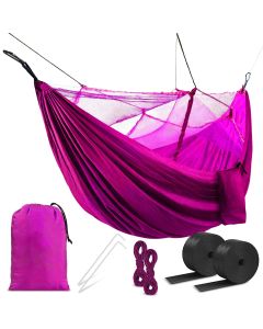 HACER Portable Outdoor Camping Hammock with Mosquito Net & Carabiner Nylon Windproof Hanging Swing for Hiking Backpacking  - Pink