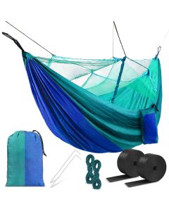 HACER Portable Outdoor Camping Hammock with Mosquito Net & Carabiner Nylon Windproof Hanging Swing for Hiking Backpacking - Sky Blue & Blue