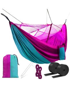 HACER Portable Outdoor Camping Hammock with Mosquito Net & Carabiner Nylon Windproof Hanging Swing for Hiking Backpacking (Sky Blue & Pink)